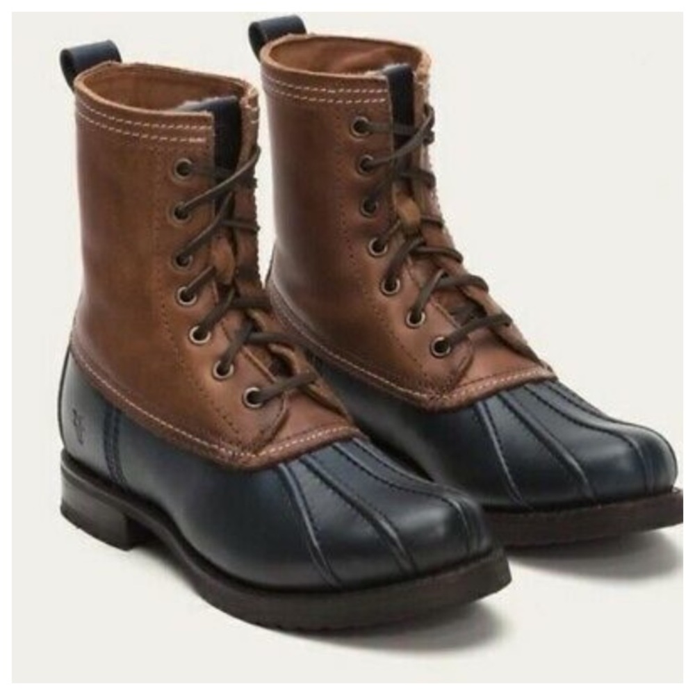 FRYE Veronica Leather Shearling Duck Boots Size 6 Brown / Black Lace-Up EUC
